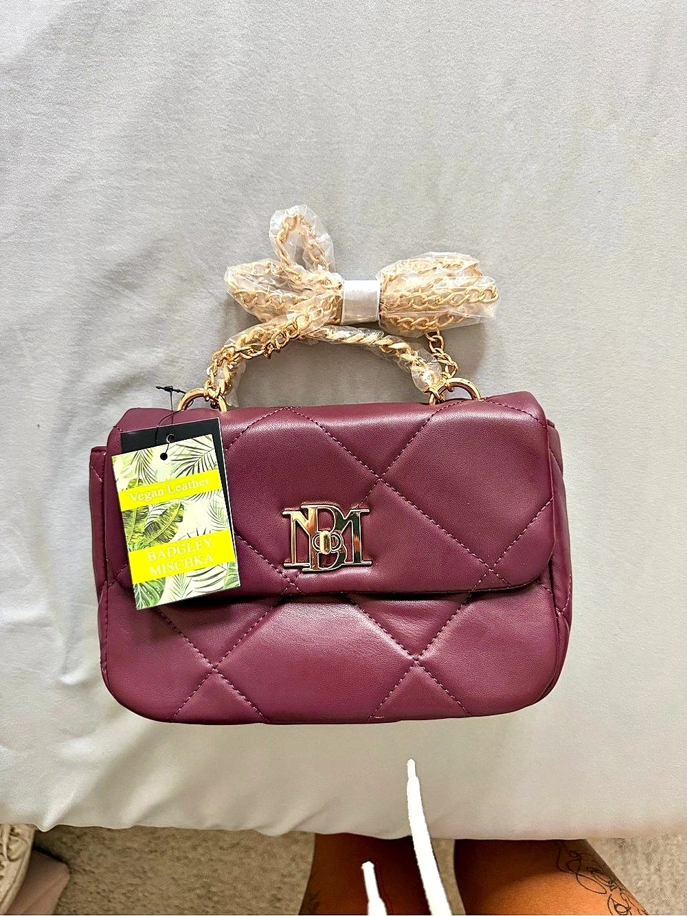 Badgley Mischka Plum Quilted Gold Chain Crossbody Bag NWT